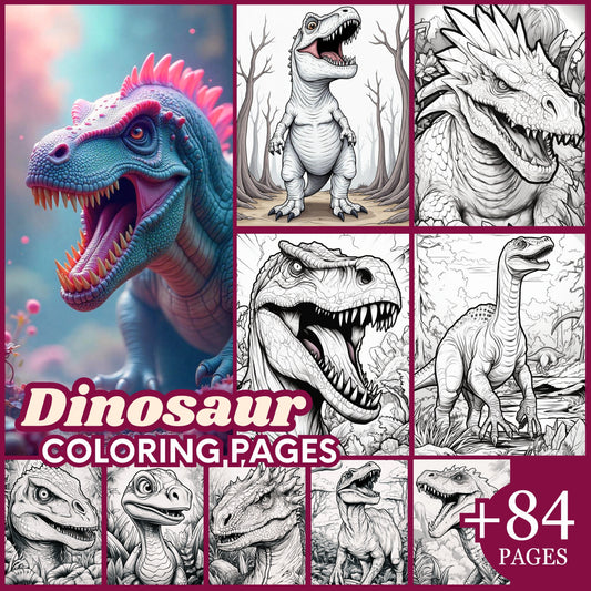 84 Dinosaur Coloring Pages for Kids & Adults: Printable & Digital Designs (PDF & PNG) - Instant Download. Sent to your purchase email!