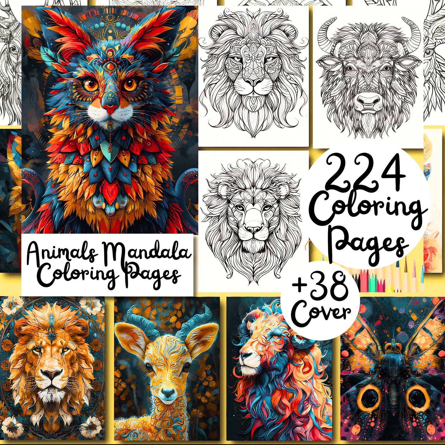 262 Animals Mandala Coloring Pages for Adults: Intricate Designs for Relaxation & Creativity + 38 Covers (Printable, PDF, PNG, JPG) - Instant Download. Sent to your purchase email!