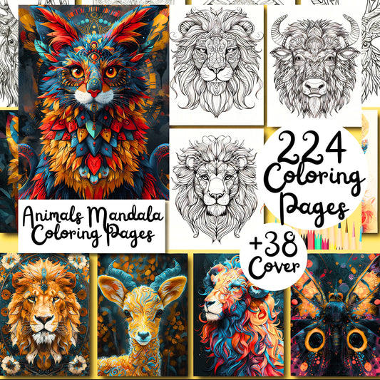 262 Animals Mandala Coloring Pages for Adults: Intricate Designs for Relaxation & Creativity + 38 Covers (Printable, PDF, PNG, JPG) - Instant Download. Sent to your purchase email!
