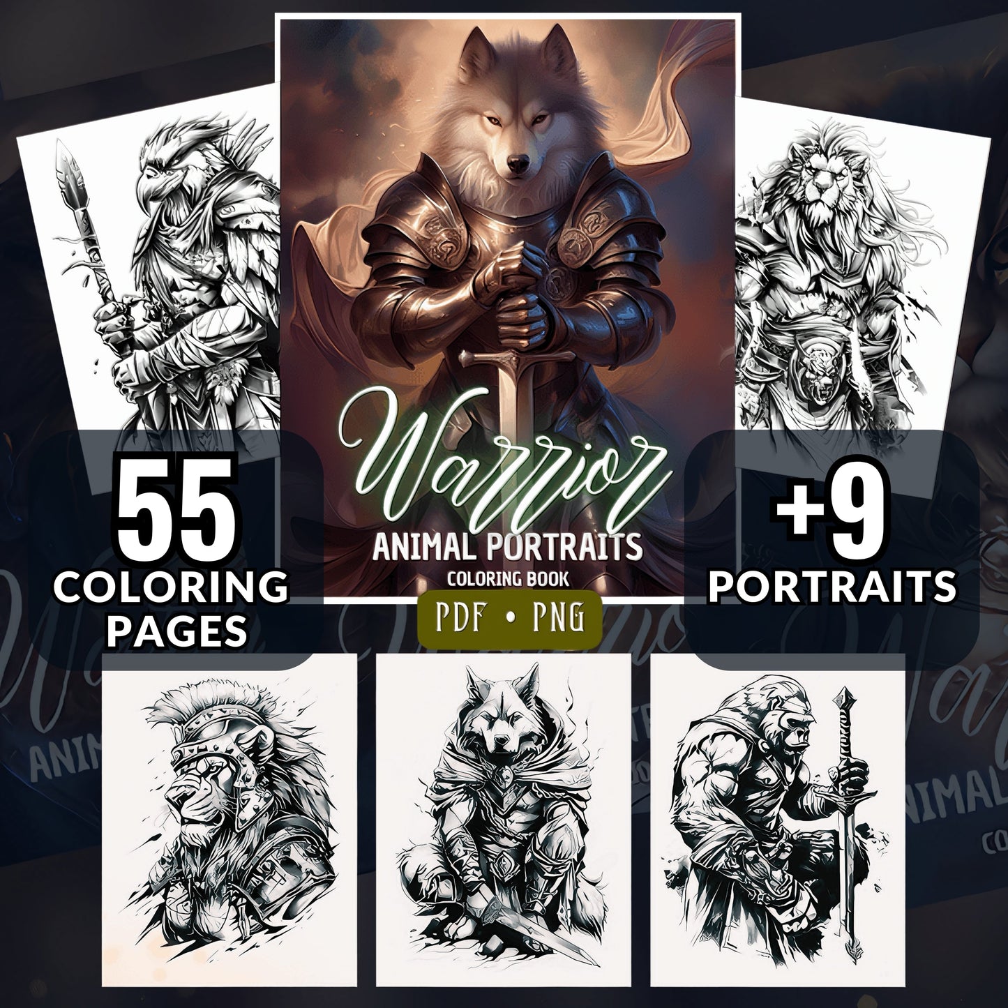 55 Warrior Animal Coloring Pages: Epic Grayscale Designs for Fantasy Lovers + 9 Covers (Printable, PDF & PNG) - Instant Download. Sent to your purchase email!
