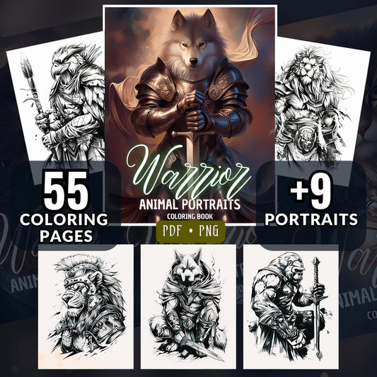 55 Warrior Animal Coloring Pages: Epic Grayscale Designs for Fantasy Lovers + 9 Covers (Printable, PDF & PNG) - Instant Download. Sent to your purchase email!