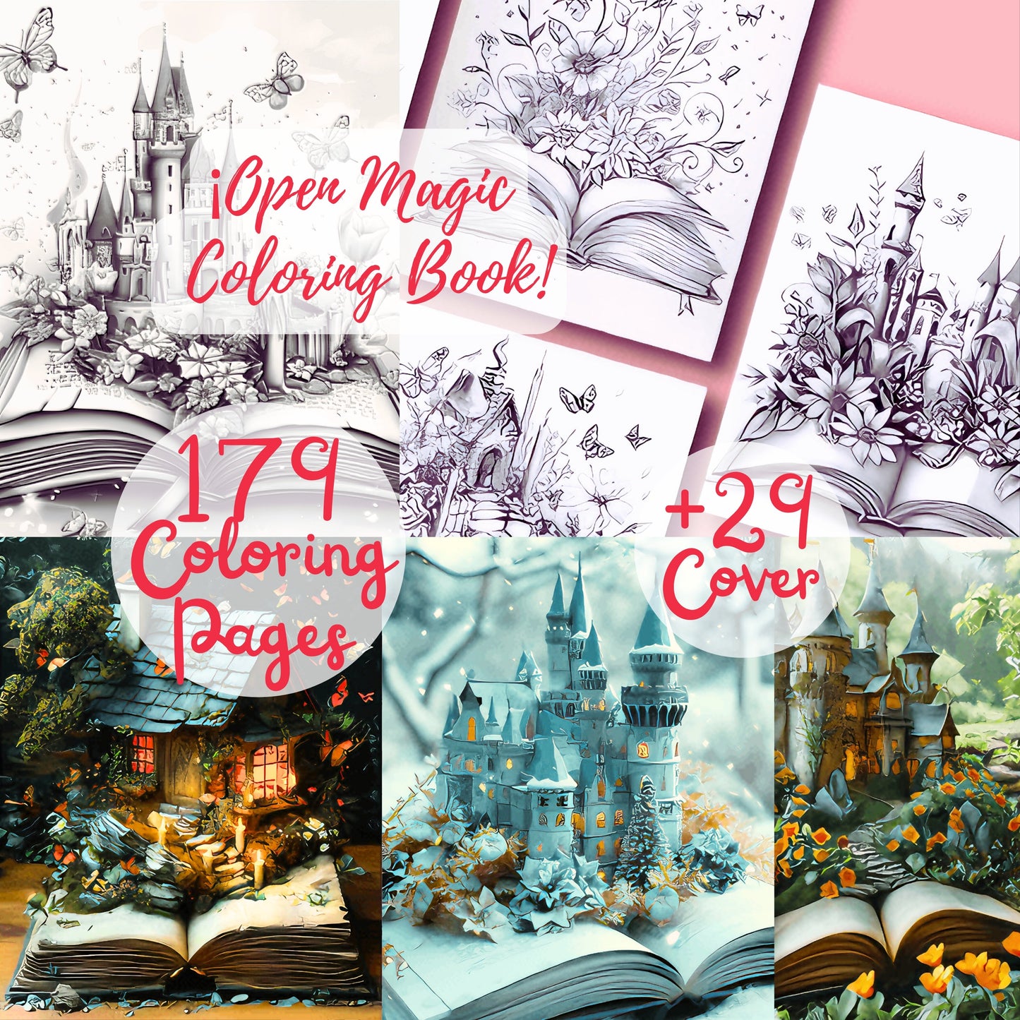 179 Open Magic Coloring Pages for Adults: Enchanting Designs for Fantasy Lovers + 29 Covers (Printable, PDF, PNG, JPG) - Instant Download. Sent to your purchase email!