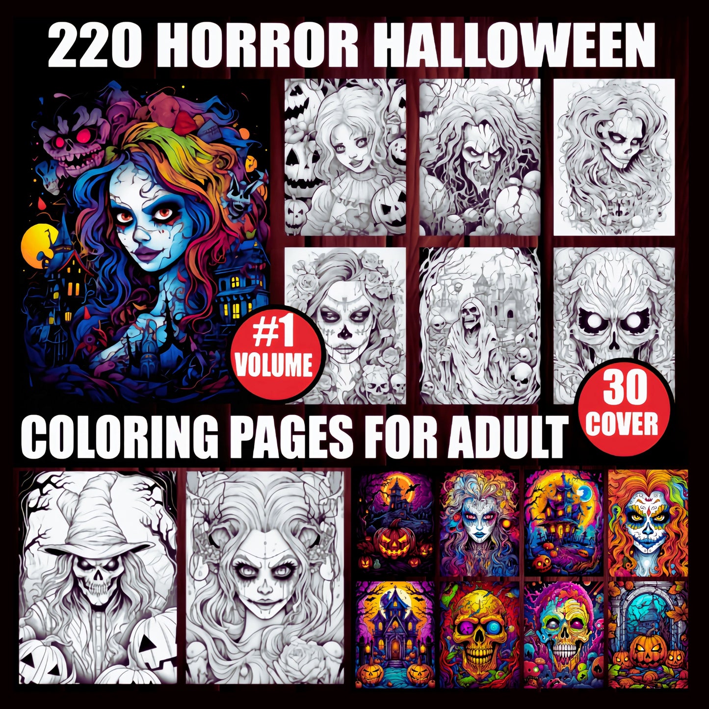 220 Horror Coloring Pages for Adults: Unleash Your Darkest Fears + 30 Covers (Printable, PDF, PNG) - Instant Download. Sent to your purchase email!