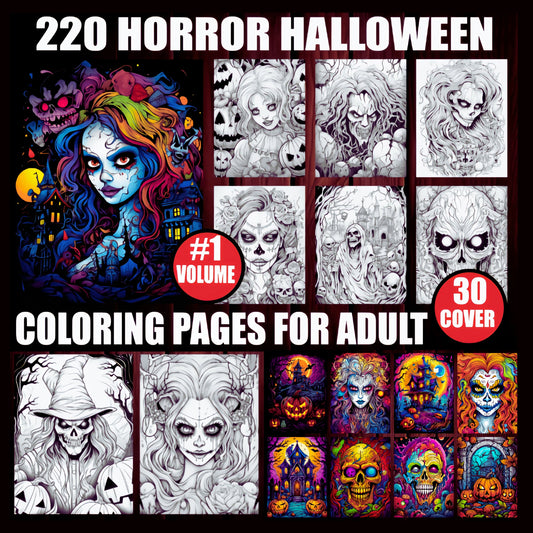 220 Horror Coloring Pages for Adults: Unleash Your Darkest Fears + 30 Covers (Printable, PDF, PNG) - Instant Download. Sent to your purchase email!