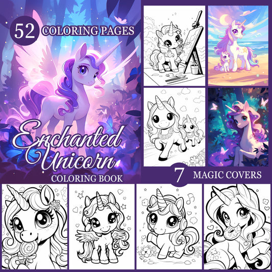 52 Enchanted Unicorn Coloring Pages for Kids & Unicorn Lovers + 7 Covers (Printable, PDF, PNG) - Instant Download. Sent to your purchase email!